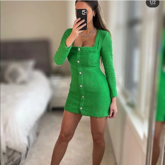 Zara * Tweed Textured Weave Blazer Dress with Jewel Buttons Green - Picture 3 of 14